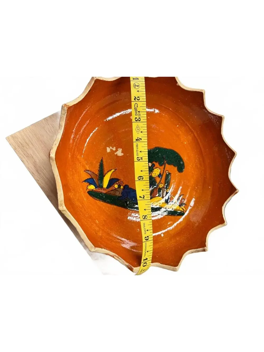 Vintage Mexican Pottery Footed Bowl Hand Painted Terra Cotta Star Edge